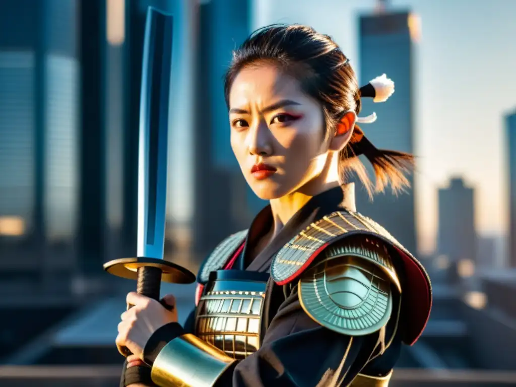 Una guerrera samurái moderna, inspirada en Tomoe Gozen, irradia poder femenino mientras porta una katana con determinación, con un fondo de arquitectura japonesa y moderna