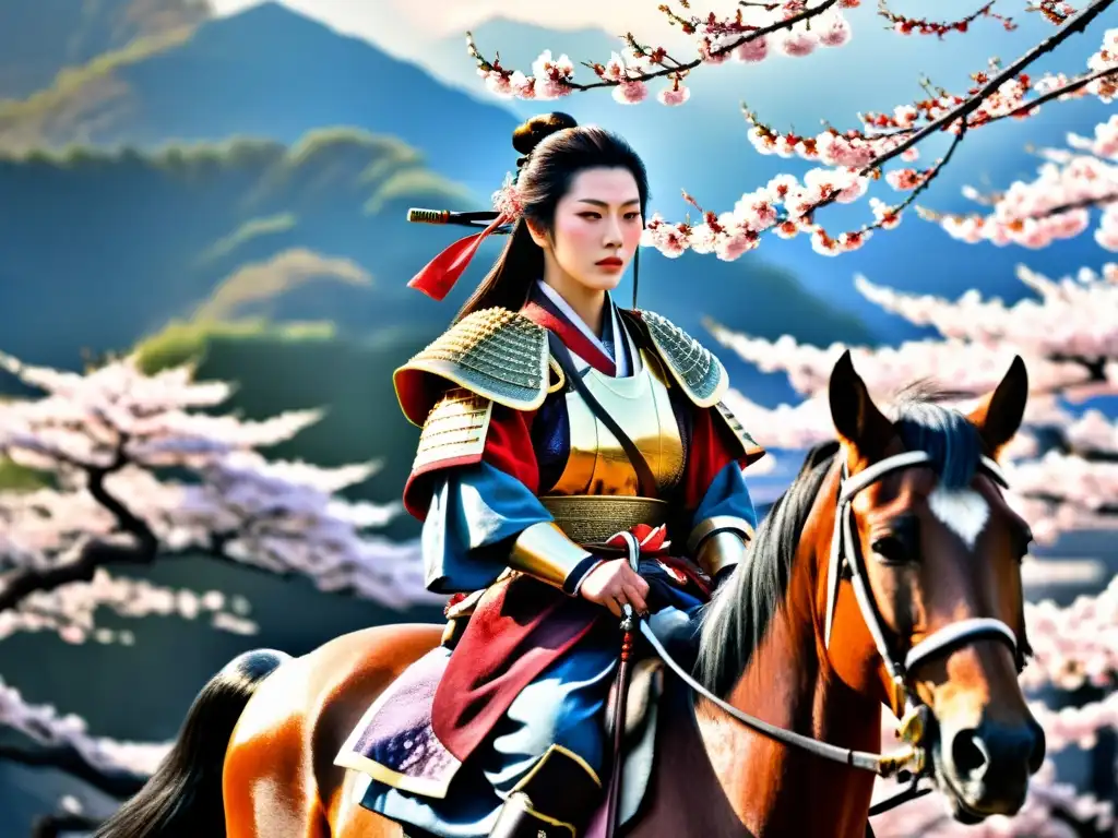 Tomoe Gozen, la guerrera samurai, irradia poder y determinación a caballo, rodeada de montañas y sakuras en un escenario histórico