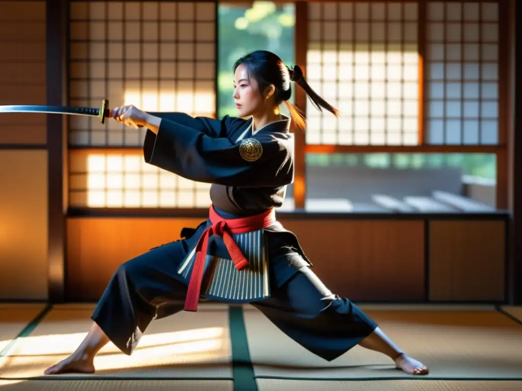 Una guerrera samurái demuestra sus habilidades en un dojo tradicional, resaltando los roles de la mujer samurái con fuerza y gracia