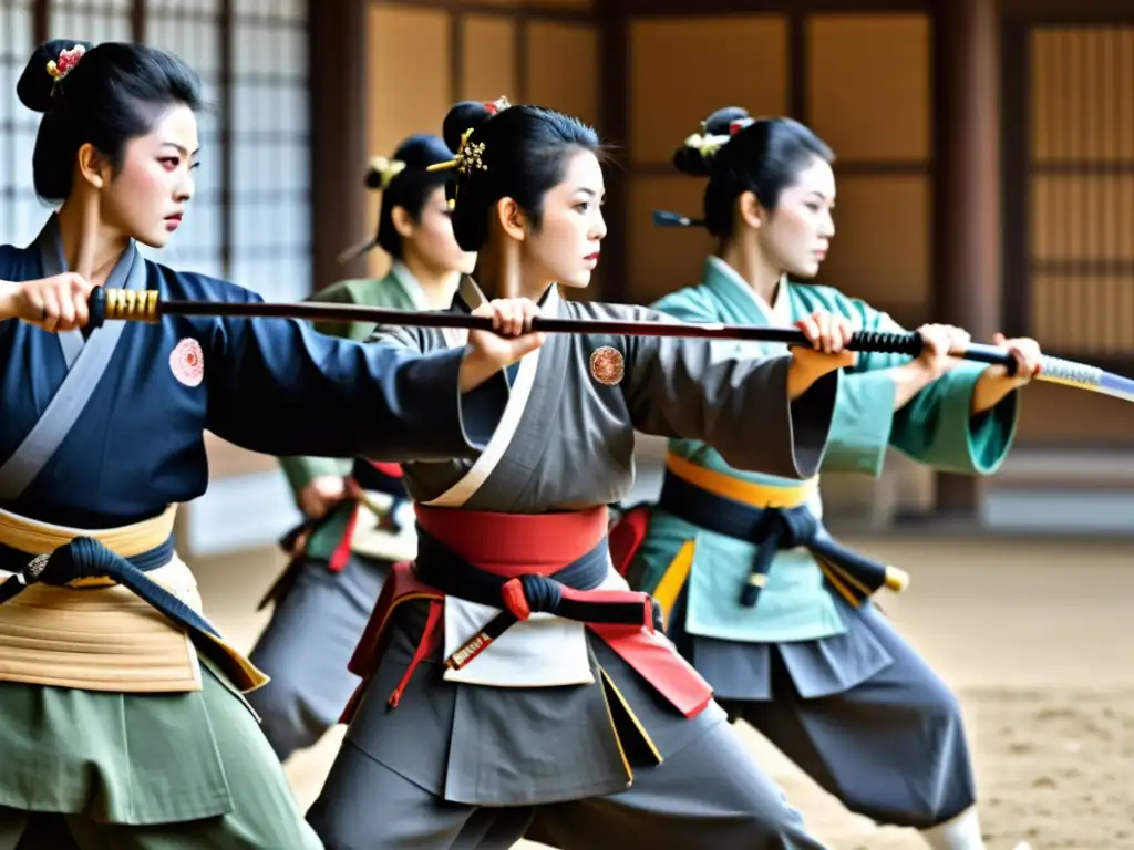 Guerreras samurái en Japón feudal entrenando con disciplina y destreza en el dojo