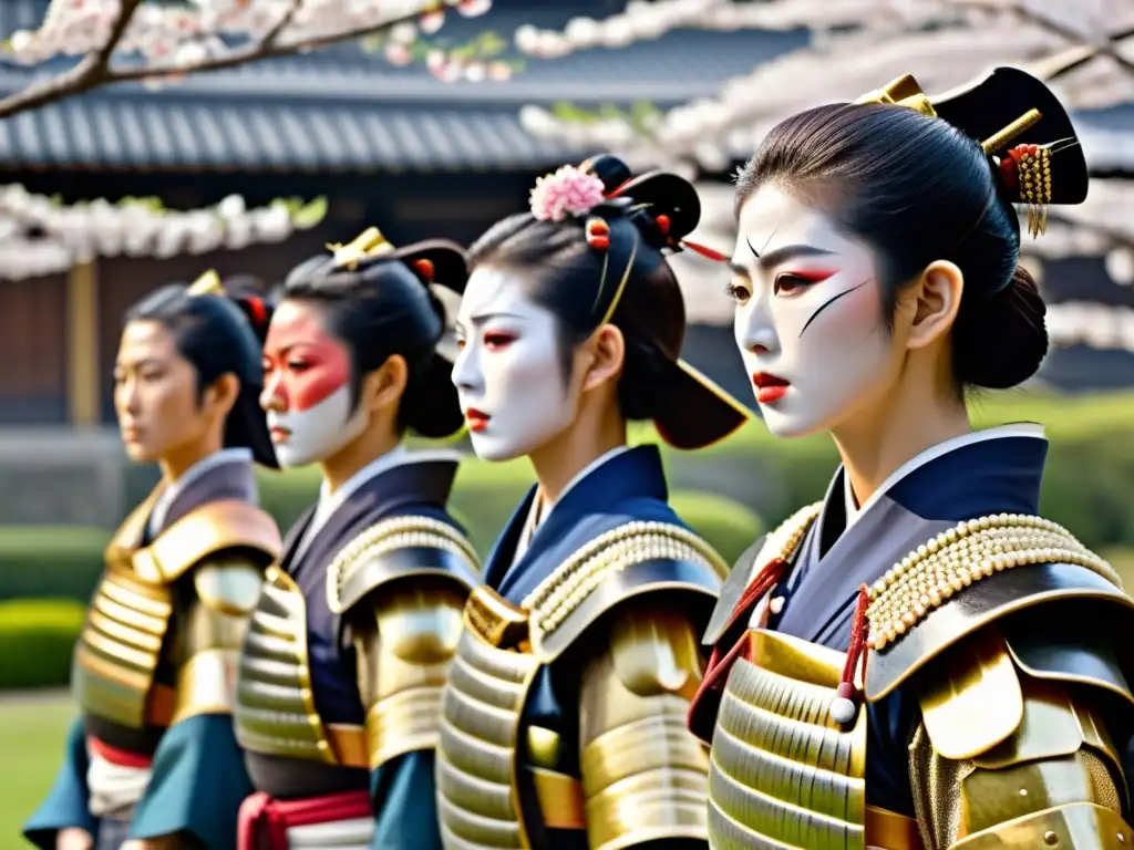 Guerreras samurái Japón feudal: OnnaBugeisha en formación defensiva con armadura samurái, miradas intensas y luz matutina sobre los cerezos en flor