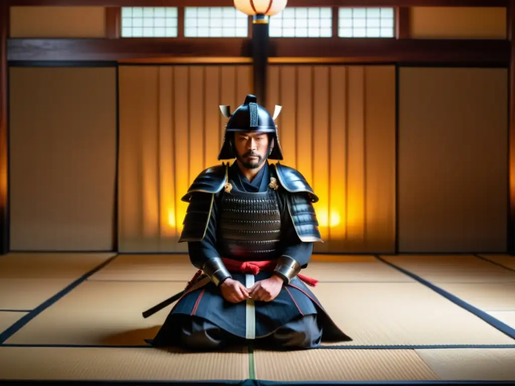 Un guerrero samurái se prepara para la batalla en un dojo zen, rodeado de sabiduría ancestral