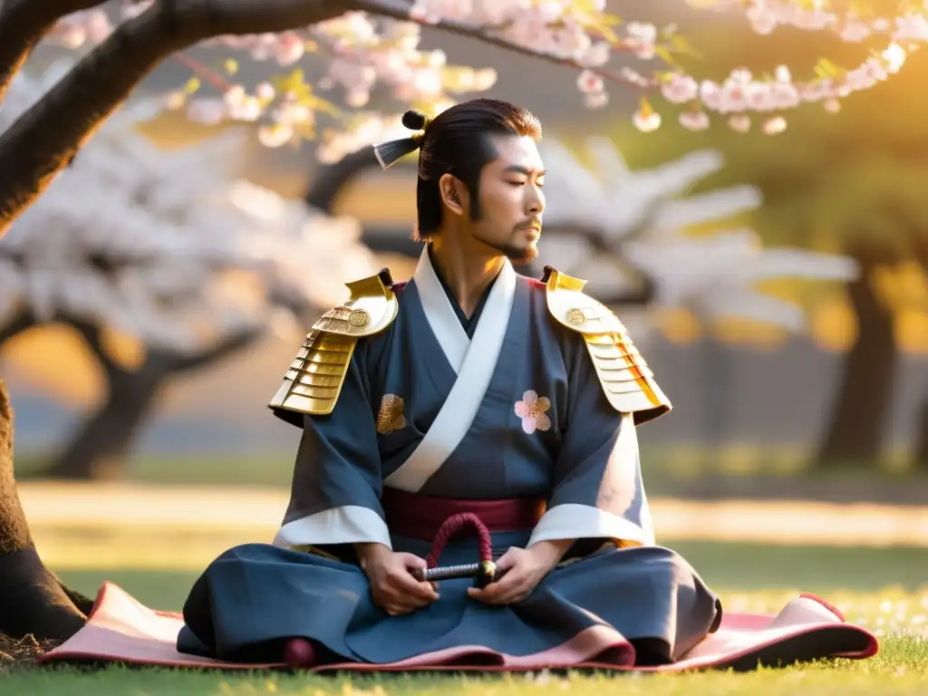 Un guerrero samurái medita bajo un cerezo en flor al atardecer, reflejando la influencia zen en las tácticas de guerra samurái