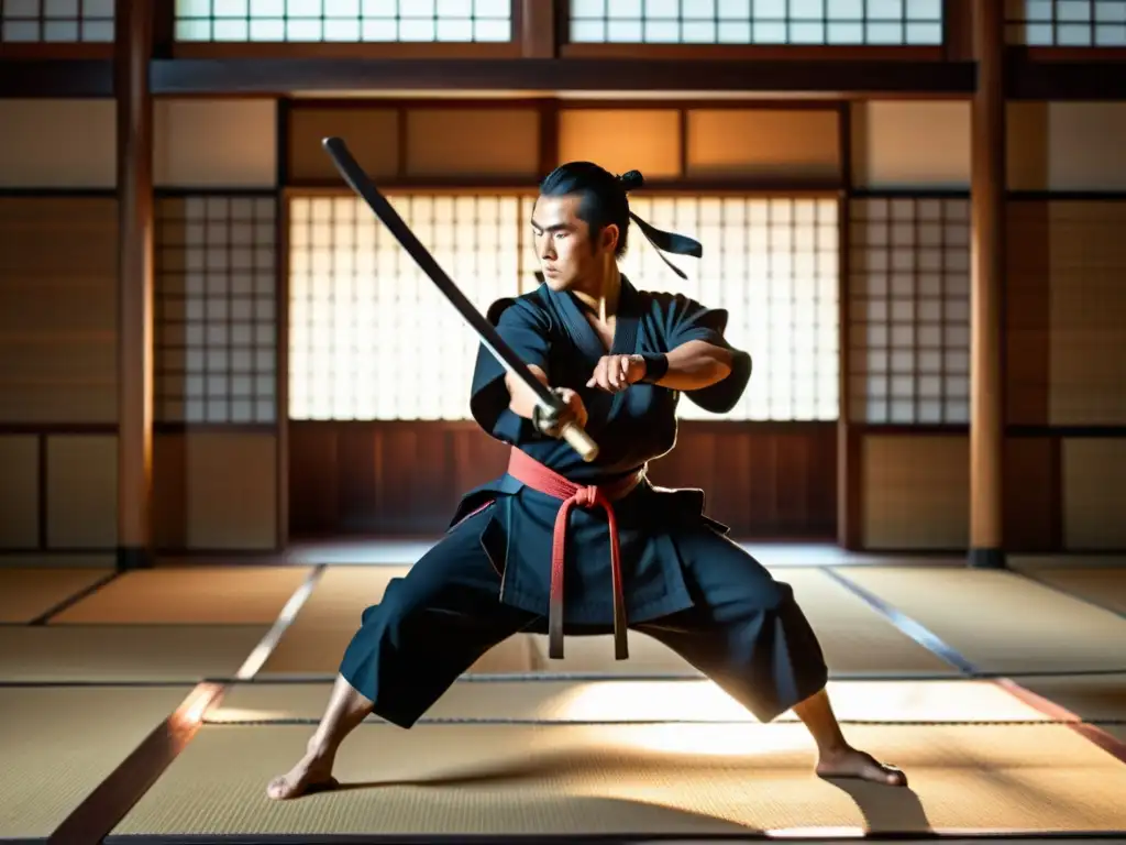 Un guerrero samurái se entrena con disciplina en un dojo japonés, mostrando la intensidad del entrenamiento samurái auténtico vivo