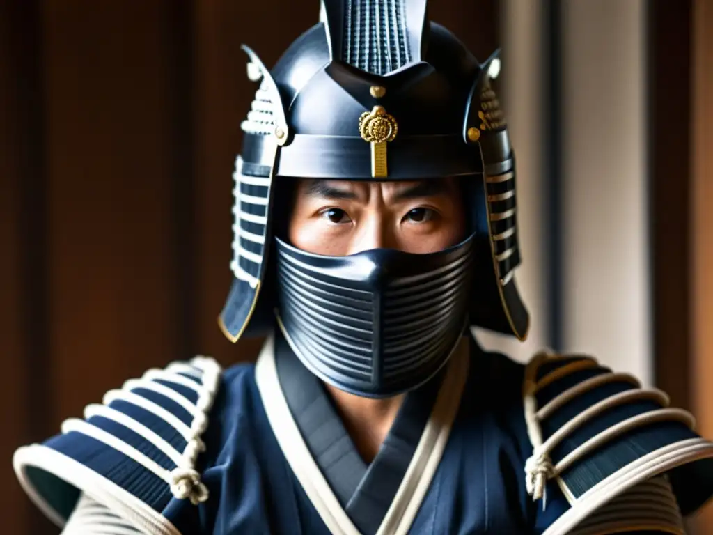 Un guerrero de kendo en armadura samurái muestra determinación y respeto en un dojo