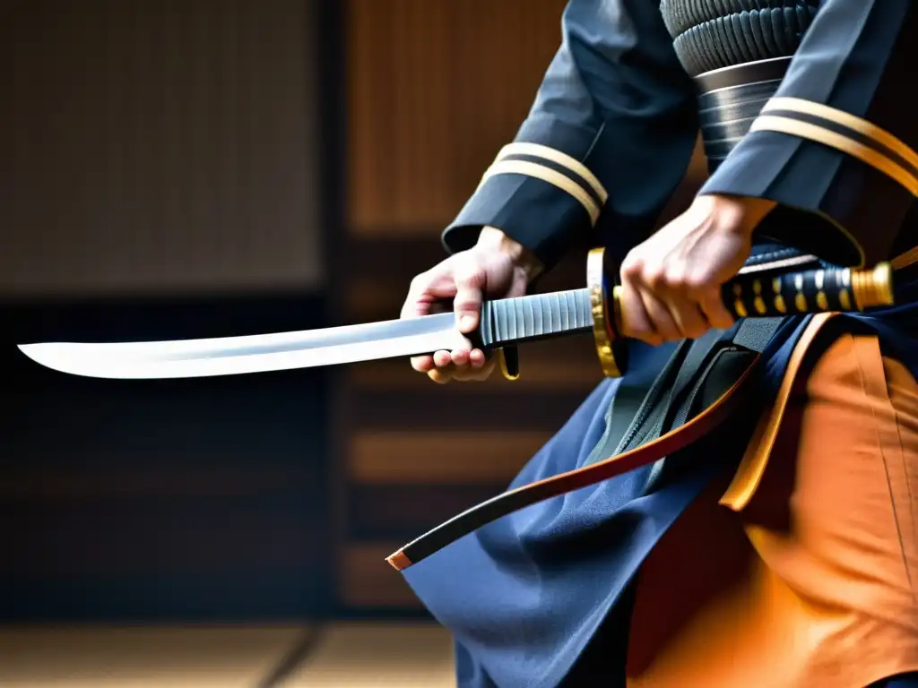 Un guerrero de kendo con armadura tradicional japonesa empuña una katana con precisión, en un dojo sereno