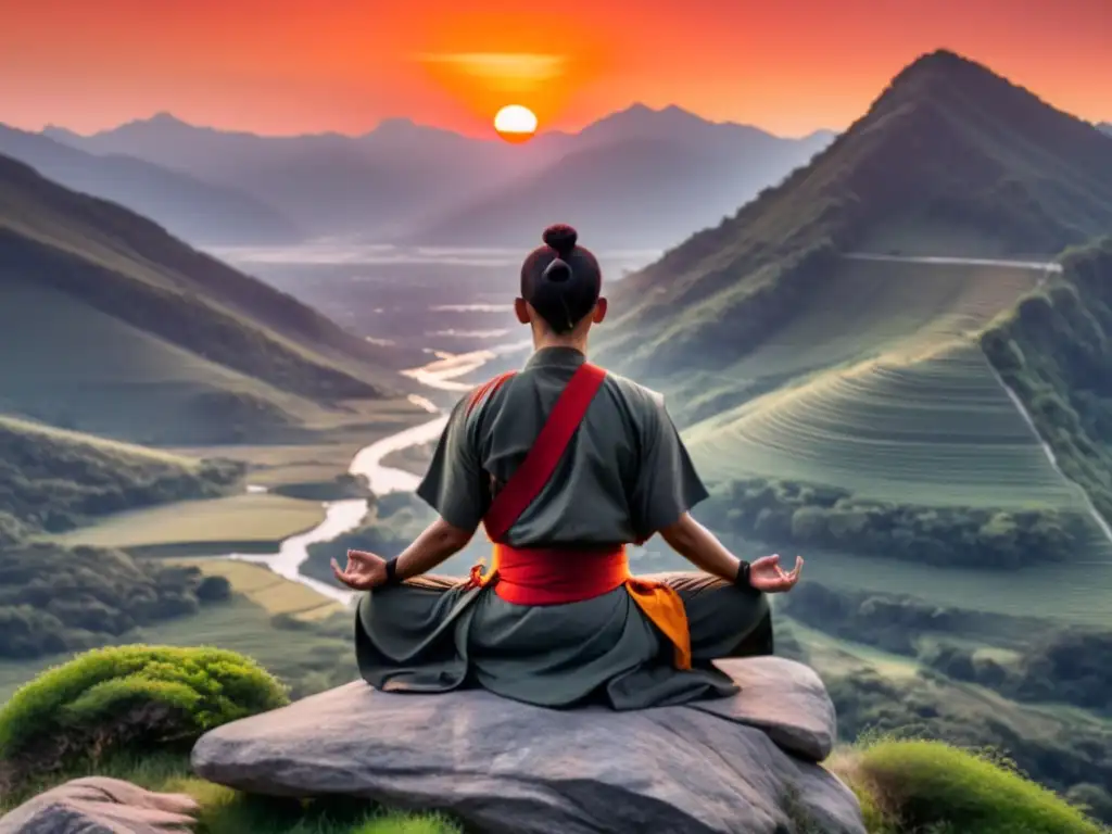 Guerrero moderno en meditación Zen en un acantilado, rodeado de montañas verdes y un atardecer cálido