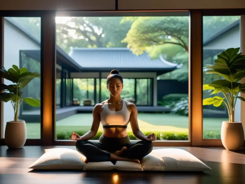 Un guerrero moderno practica meditación Zen en una habitación serena con vista al jardín