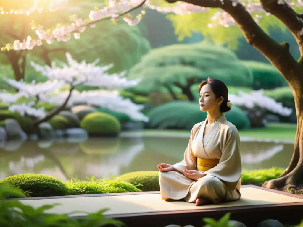 Un guerrero moderno medita en un jardín Zen, rodeado de naturaleza exuberante y árboles de cerezo en flor