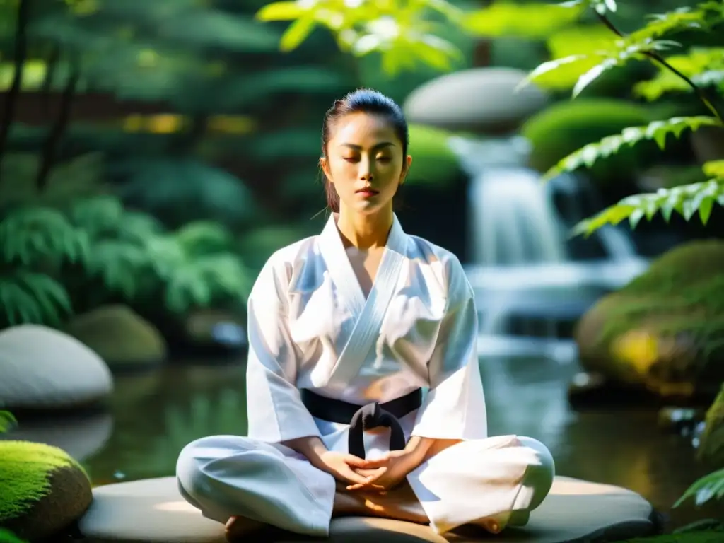 Un guerrero moderno en meditación Zen, concentrado en un jardín japonés sereno