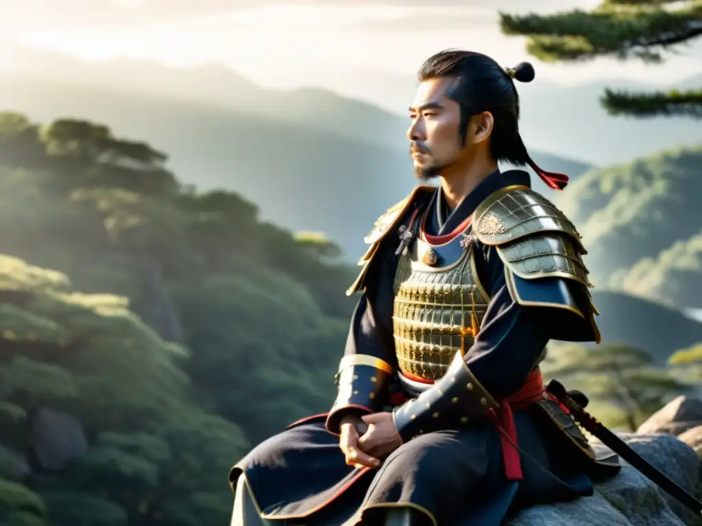 Samurai en meditación: equilibrio y armonía en la naturaleza Un guerrero samurái en armadura tradicional, meditando en un acantilado, transmite equilibrio y armonía en el entrenamiento samurái
