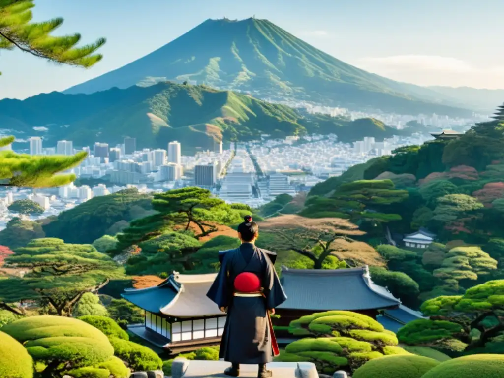 Un guerrero samurái contempla el ascenso del sol sobre Kamakura, ciudad histórica rodeada de exuberante naturaleza y majestuosas montañas