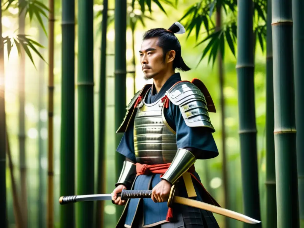 Un guerrero samurái inmersivo con katana en un bosque de bambú, reflejando determinación