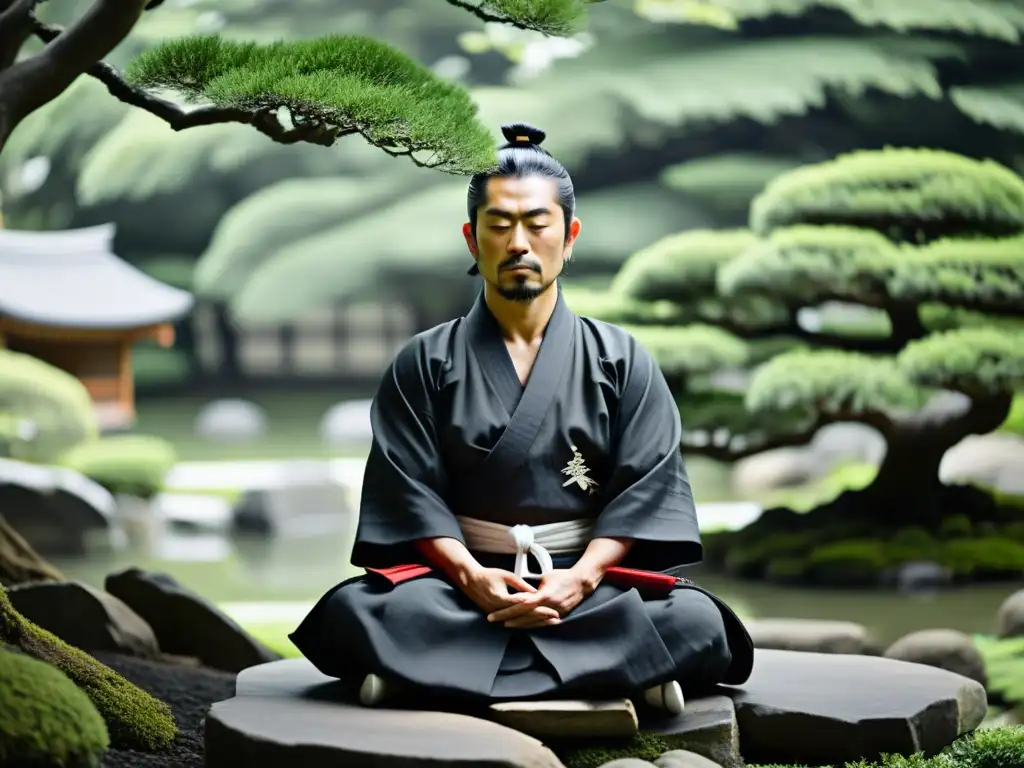 Un guerrero samurái en postura perfecta, concentrado en Zazen, rodeado de un sereno jardín japonés