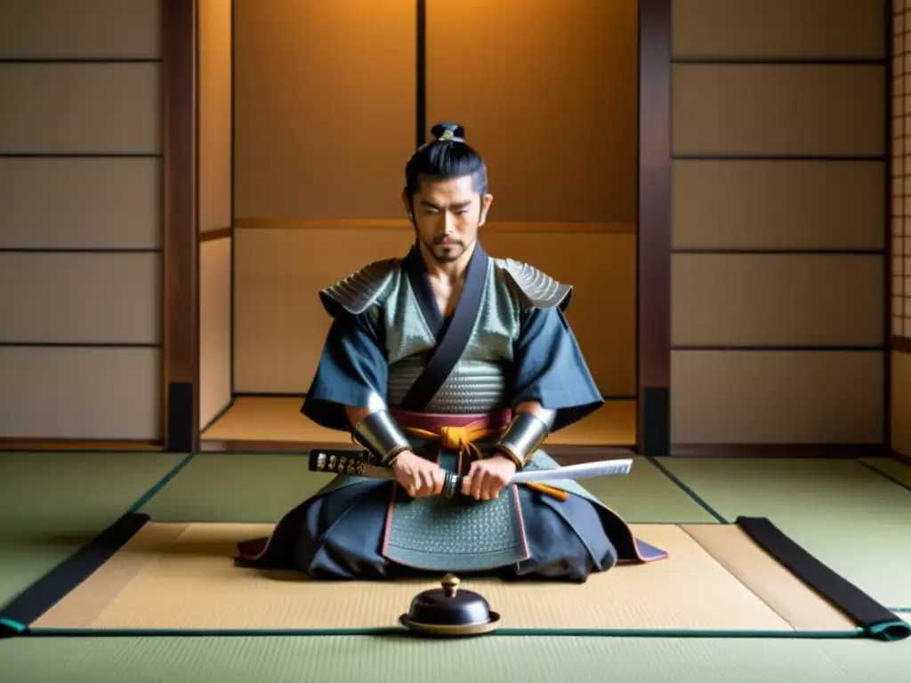 Un guerrero samurái realiza seppuku en una habitación tradicional japonesa, rodeado de una atmósfera solemne y espiritual