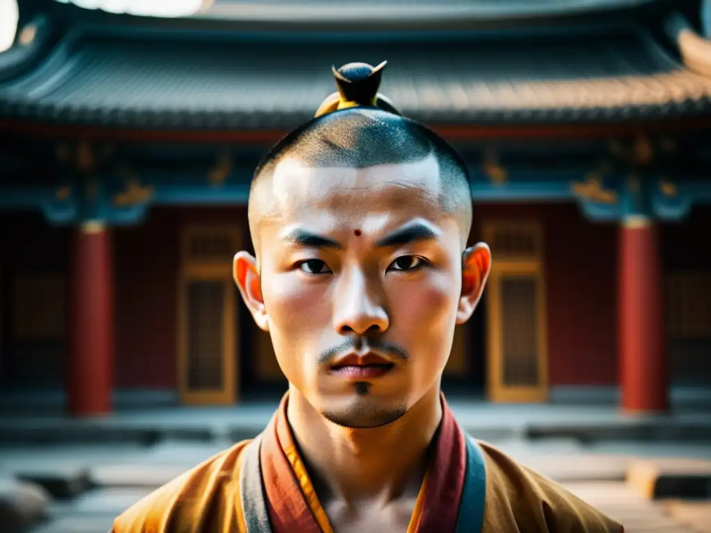 Un guerrero Shaolin meditando en un tranquilo patio del templo, exudando sabiduría y fuerza interior