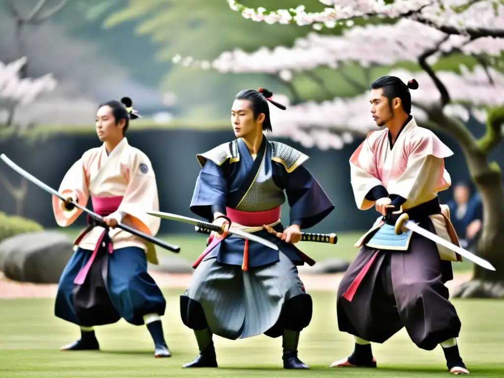 Guerreros del Festival Kembu Kioto danzan bajo los cerezos en flor, demostrando técnicas de espada con intensidad y gracia en un escenario sereno