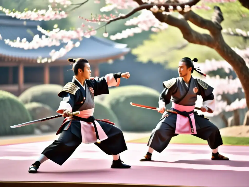 Guerreros en el Festival Kembu Kioto danzan en armadura samurái bajo los cerezos en flor, creando una atmósfera etérea y cautivadora