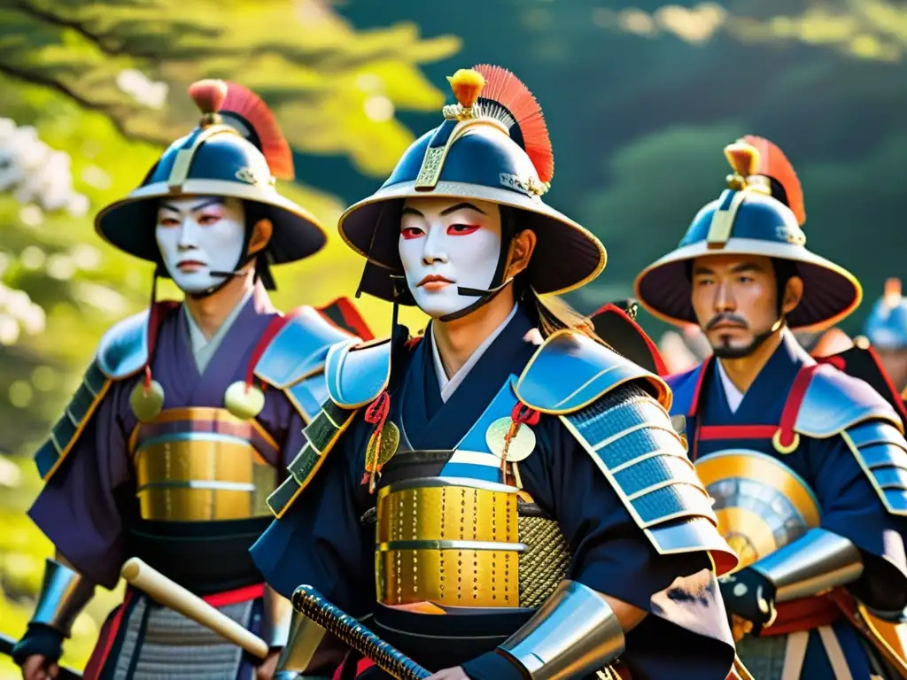 Procesión de guerreros japoneses en el Uesugi Matsuri, con detalles de armaduras y armas, rodeados de templos y paisajes exuberantes