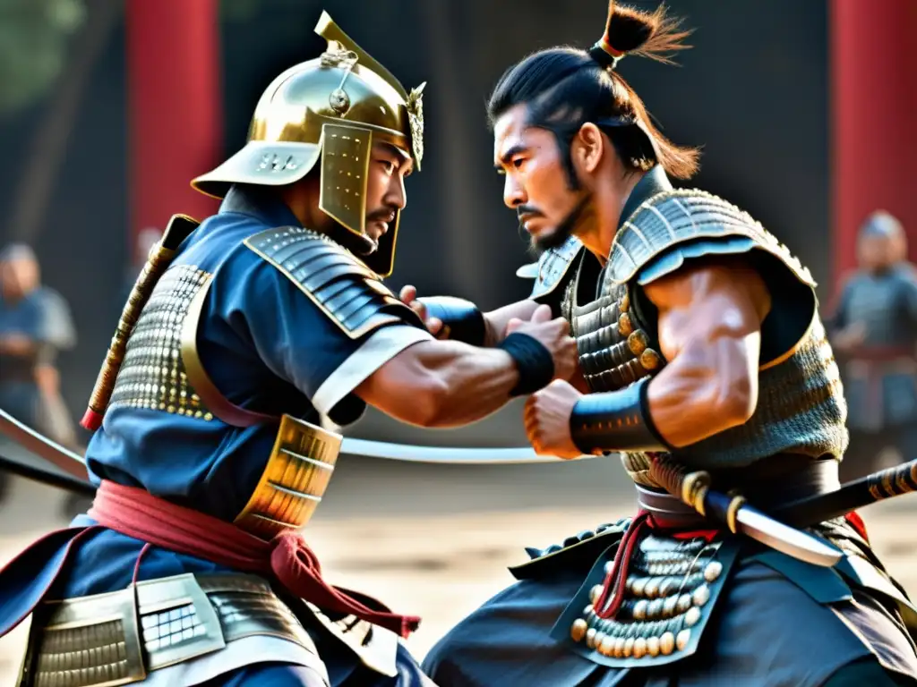 Dos guerreros legendarios, un samurái y un luchador de pankration, listos para la batalla en un escenario histórico