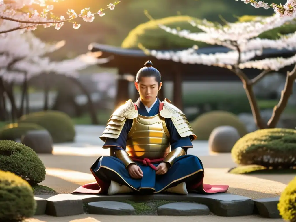 Meditación Zen para guerreros modernos: Un samurái en armadura medita en un jardín de cerezos al atardecer, irradiando paz y fuerza interior