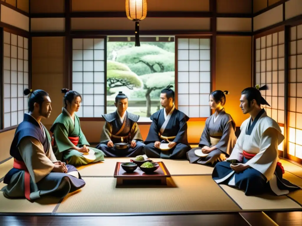 Guerreros samurái disfrutan de la dieta samurái para bienestar en una casa de té japonesa tradicional, creando una atmósfera serena y contemplativa