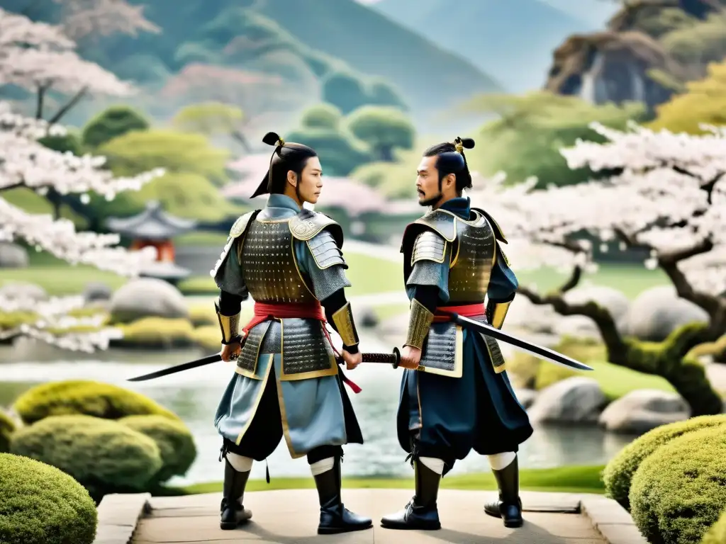 El encuentro de guerreros: samurái y guerrero Tang en un jardín sereno Dos guerreros, uno samurái y el otro de la Dinastía Tang, se inclinan en respetuoso saludo en un jardín japonés y paisaje chino