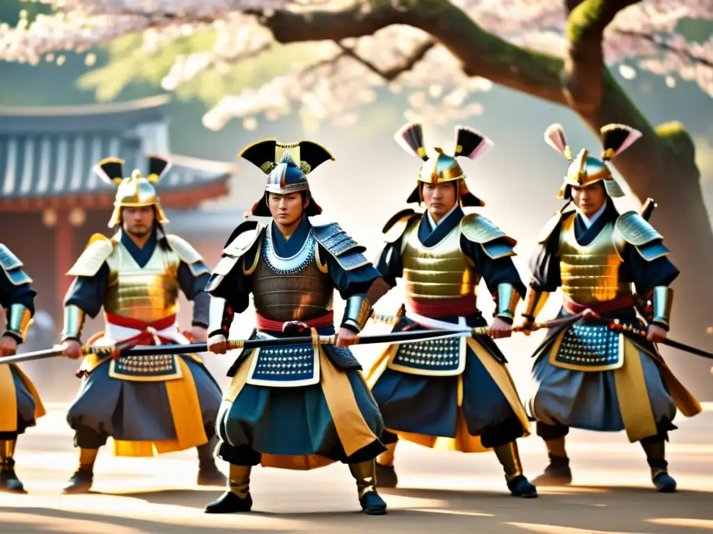 Guerreros samurái danzan en el Festival Kembu Kioto, envueltos en gracia y poder, bajo la cálida luz dorada