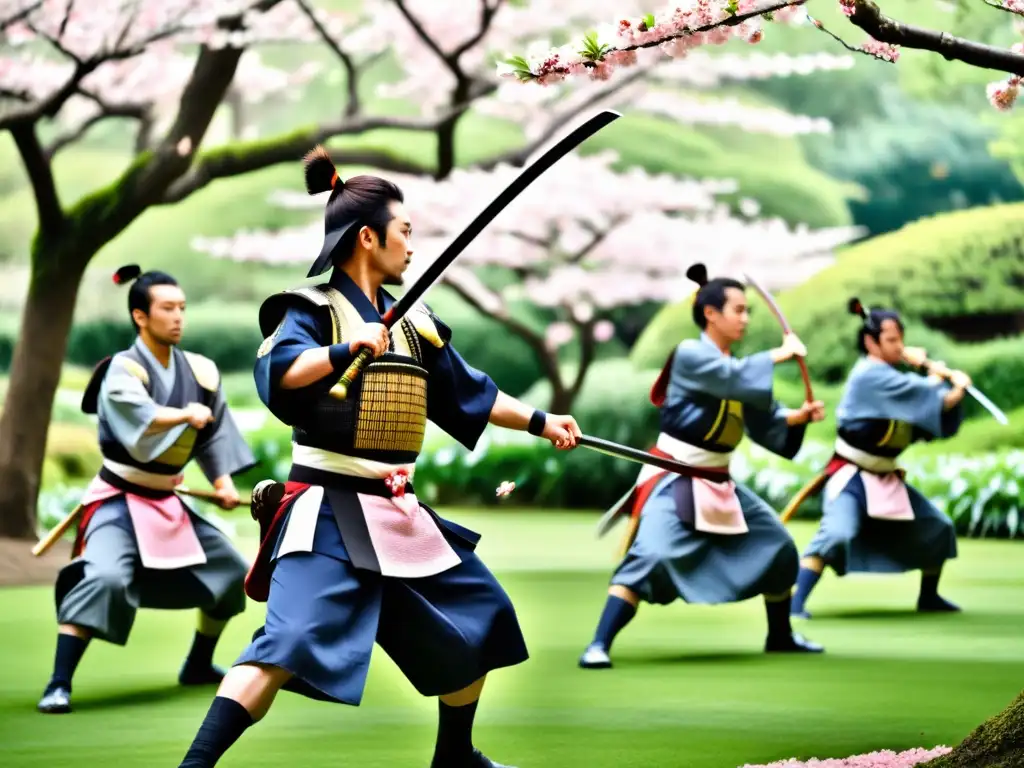 Guerreros samurái danzan Kembu entre cerezos en flor en el Festival Kembu Kioto, mostrando gracia y tradición japonesa