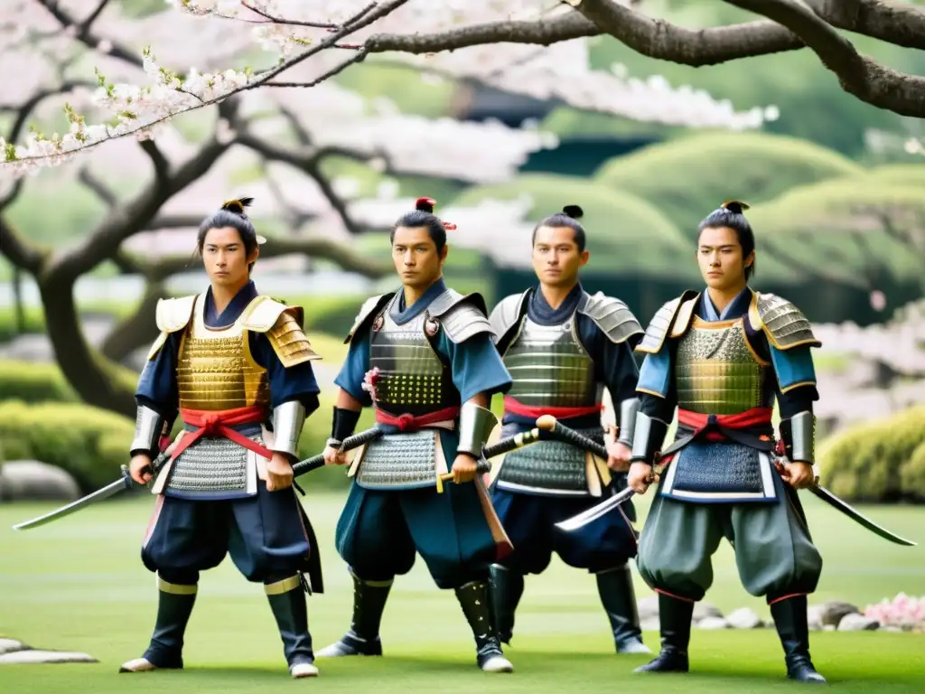 Guerreros samurái practicando técnicas de espada en un jardín japonés con cerezos en flor