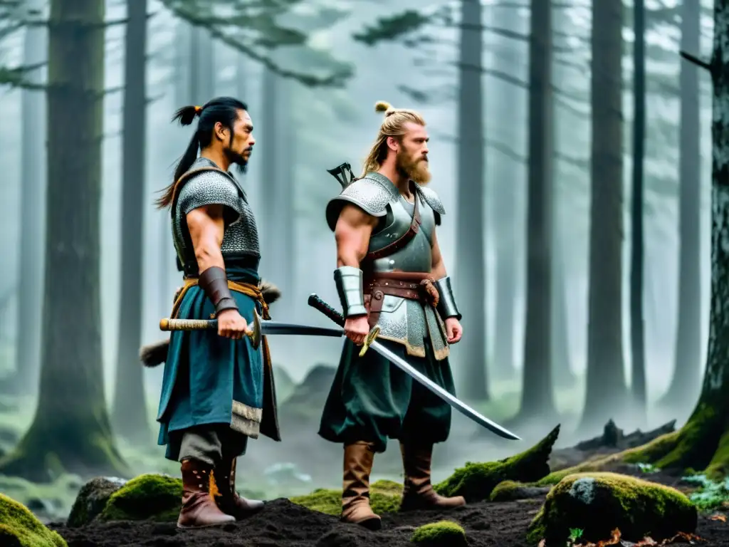 Samurai y Vikingo: Honor y Valía en el Bosque Dos guerreros, un samurái y un vikingo, se enfrentan en un bosque neblinoso, mostrando paralelismos entre samuráis y vikingos