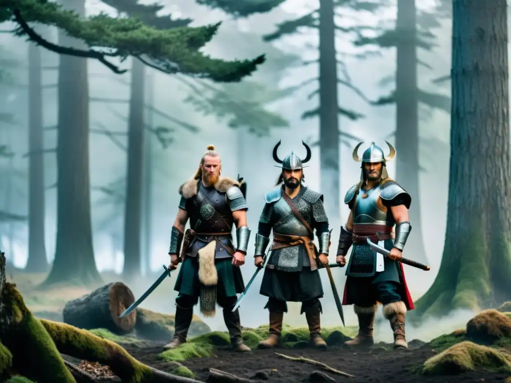 Épico enfrentamiento: samurái y vikingo en el bosque Dos guerreros, un samurái y un vikingo, se enfrentan en un claro brumoso del bosque
