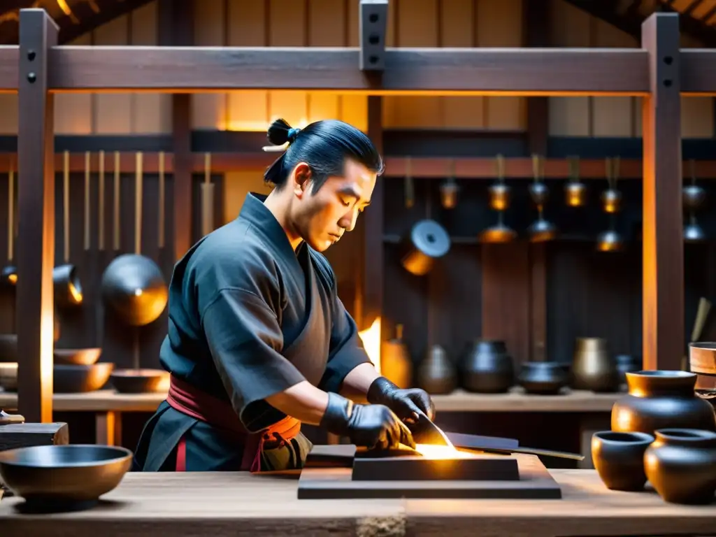 Un hábil armero forjando una armadura samurái con influencia del Bushido en su taller