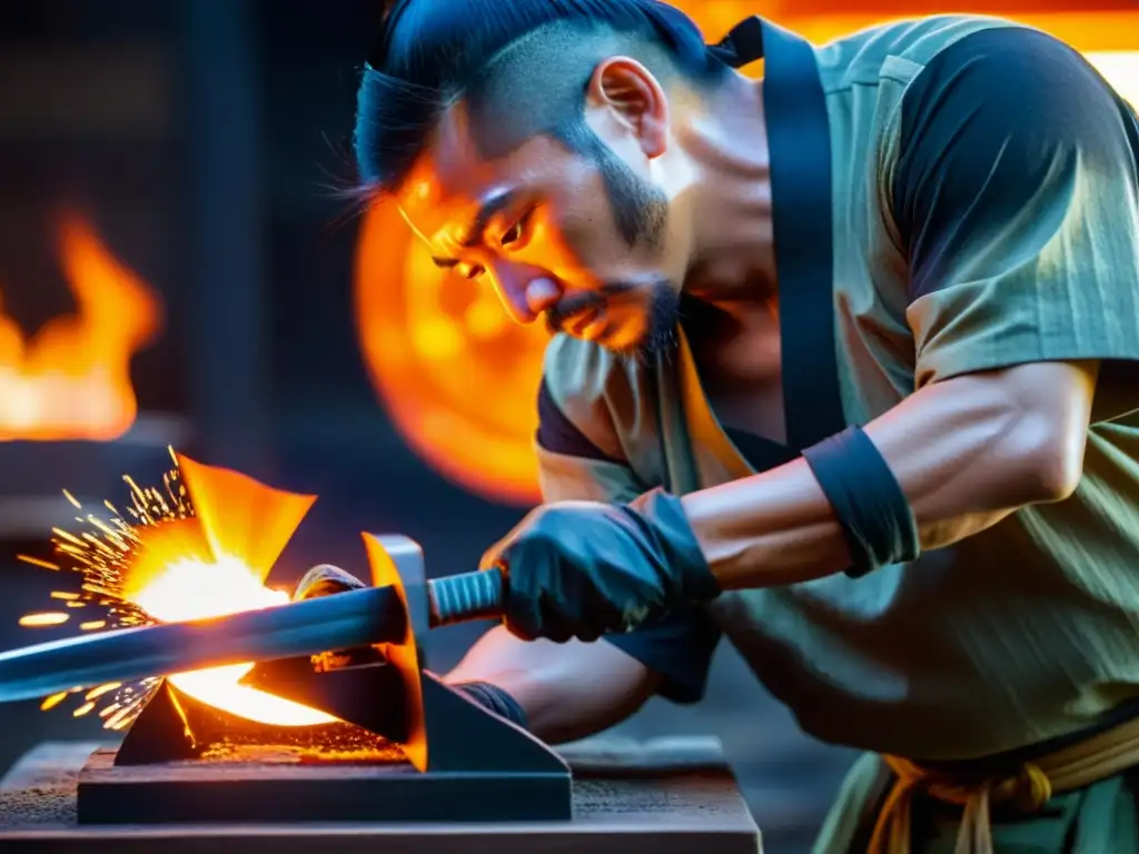 Un hábil artesano en atuendo japonés tradicional forja una katana samurái en una fragua, creando un espectáculo de destreza y tradición