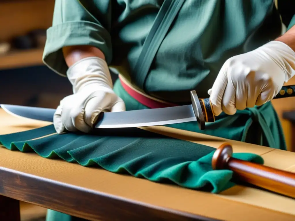 Un hábil artesano afila con destreza la hoja de un tradicional Wakizashi japonés, mostrando técnicas de afilado para Wakizashi en un taller auténtico