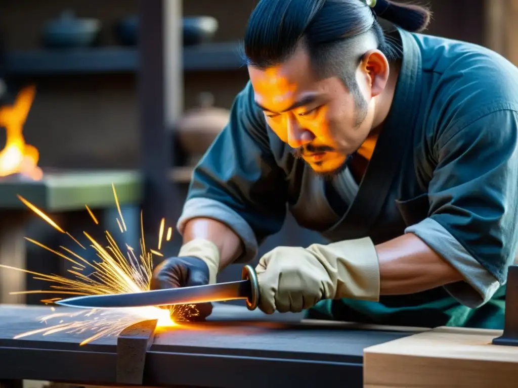 Un hábil artesano forja con esmero un auténtico Wakizashi, mostrando el proceso de creación con herramientas tradicionales japonesas