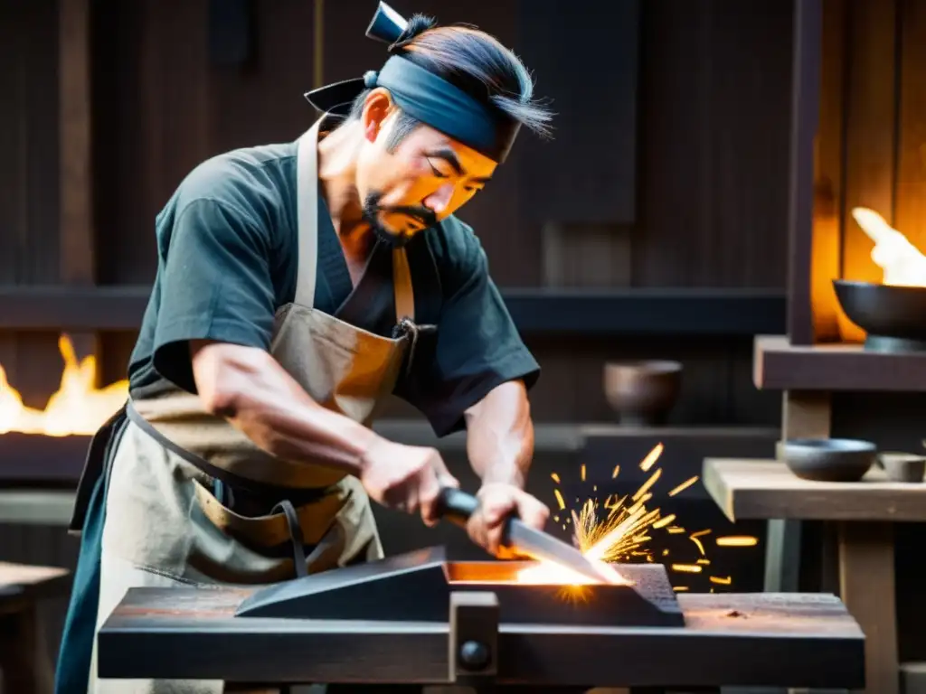 Un hábil artesano forja una espada samurái con intensa concentración en un taller tradicional japonés