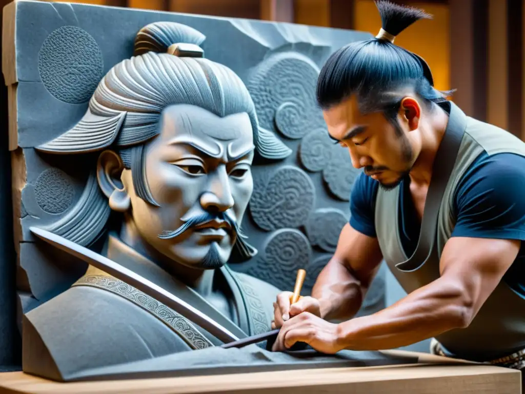 Un hábil artesano talla meticulosamente un intrincado relieve de un feroz guerrero samurái en una losa de piedra
