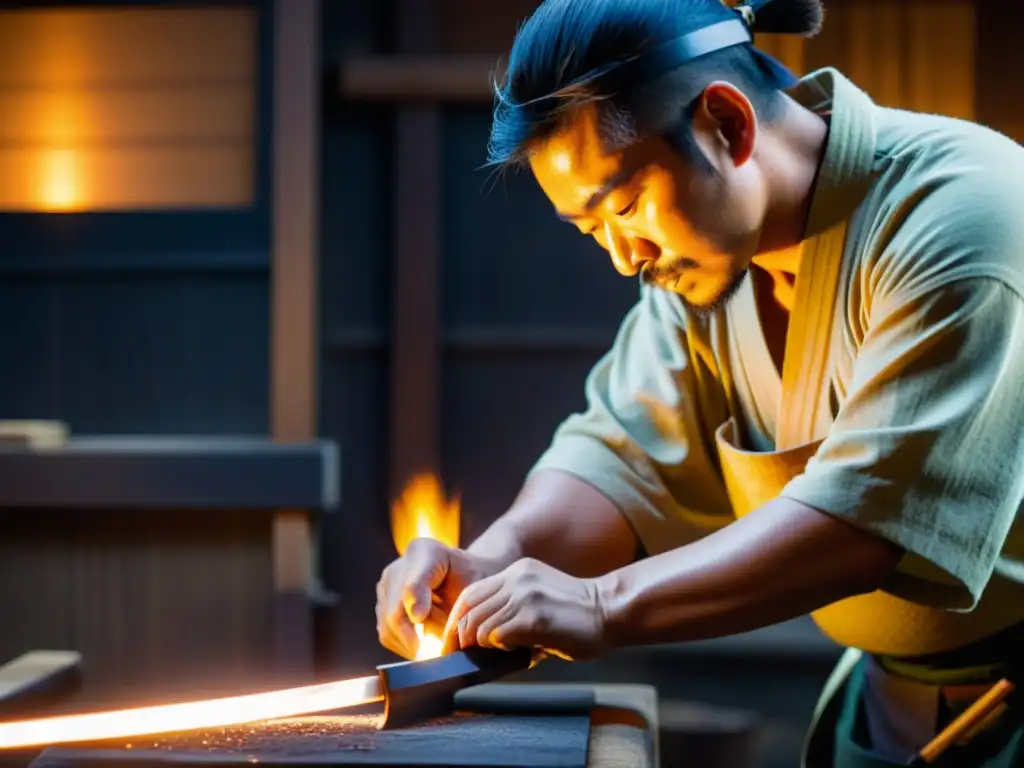 Un hábil artesano japonés forja una espada katana en un taller tradicional