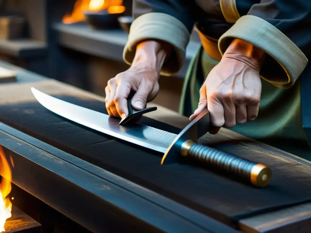 Un hábil artesano forja una katana con espiritualidad samurái, mostrando detalle y tradición en su taller