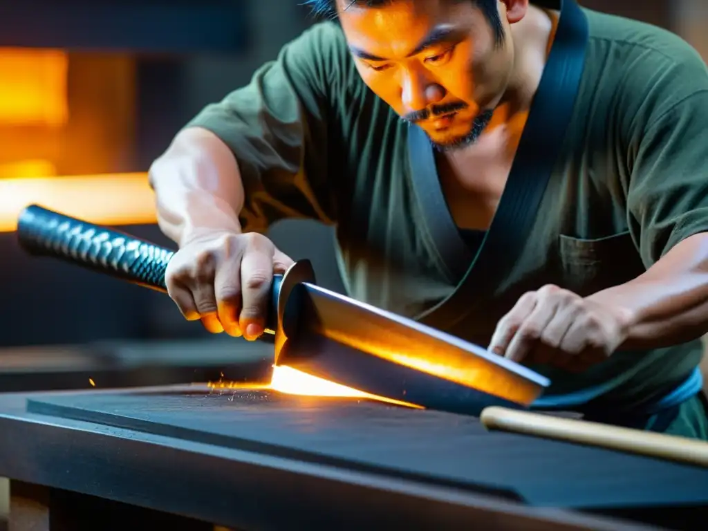 Un hábil artesano forja cuidadosamente materiales exclusivos en la auténtica creación de una katana, iluminado por el intenso calor de la forja