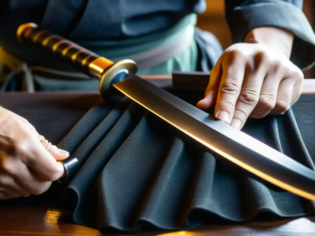 Un hábil artesano puliendo con precisión una katana japonesa, revelando la importancia del pulido en katana en su elaboración artesanal