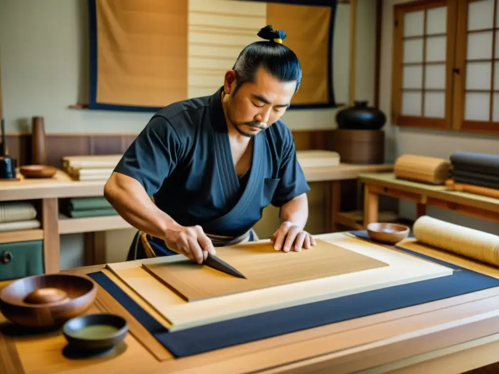 Un hábil artesano trabaja con precisión en un sashimono samurái, rodeado de herramientas tradicionales