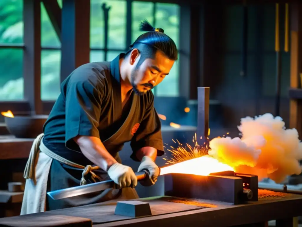 Un hábil artesano forja con técnicas antiguas un Wakizashi, creando una obra maestra de acero en un taller lleno de vapor y resplandor naranja