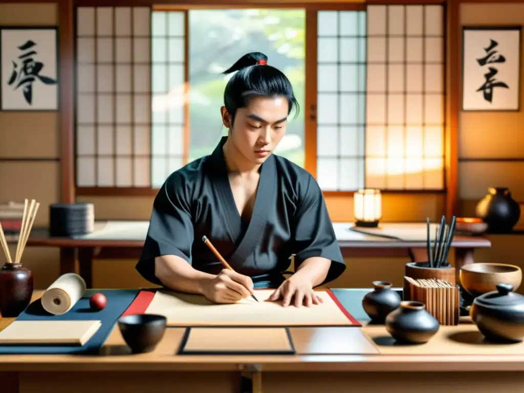 Un hábil artista marcial convertido en dibujante crea una escena dinámica de samuráis, rodeado de suministros tradicionales japoneses