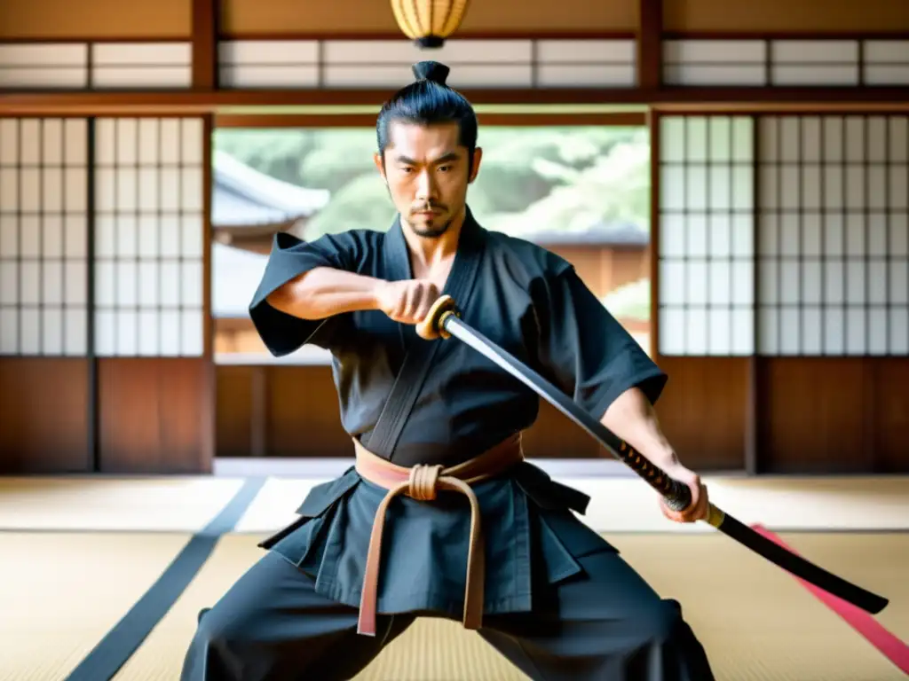 Un hábil artista marcial en un dojo japonés tradicional con armadura samurái y armas antiguas