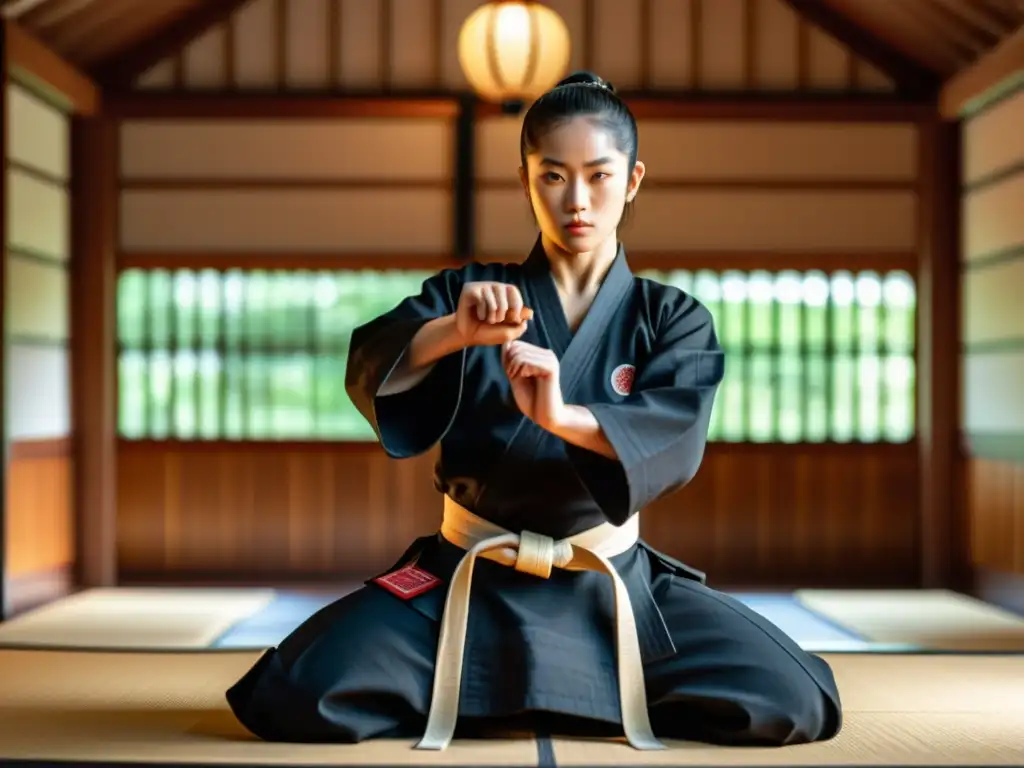 Un hábil artista marcial demuestra técnicas de defensa personal samurái con un tanto, en un dojo tradicional con iluminación tenue