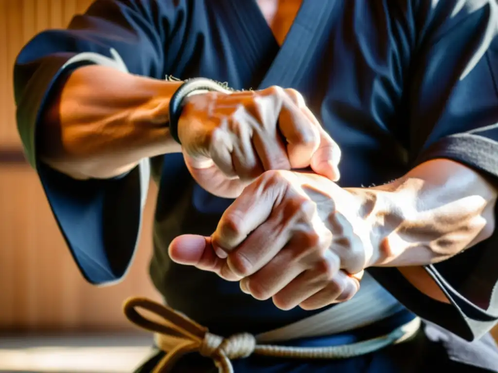 Un hábil artista marcial muestra técnicas precisas con un tanto en un dojo tradicional, destacando la influencia del tanto en artes marciales