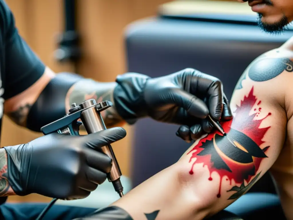 Un hábil artista del tatuaje trabaja en un diseño de samurái moderno en el antebrazo de un cliente, en un estudio con decoración japonesa