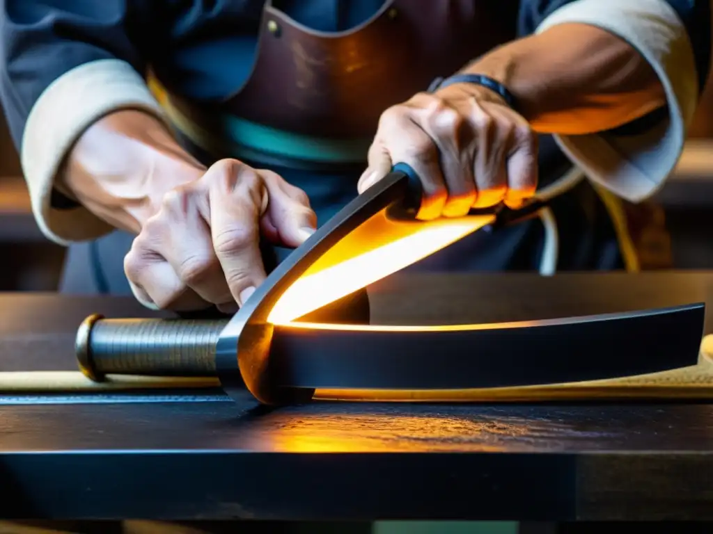 Un hábil herrero forja con destreza un Tsuba para una espada samurái, iluminado por el resplandor de la fragua